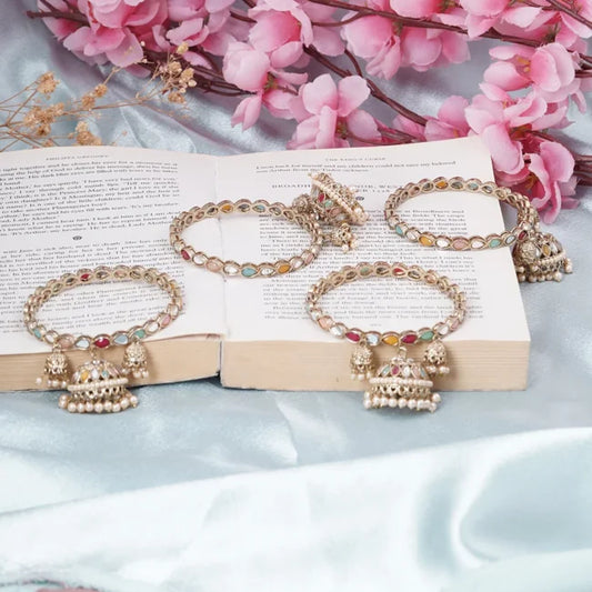 Gold-Plated Oval Shape Multicolor Stone Studded Bangles for Women – Set of 4