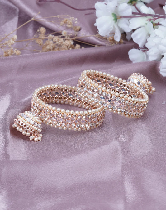 Rose Gold Pearl-Edged Kundan Bridal Bangles with Jhumka Drops