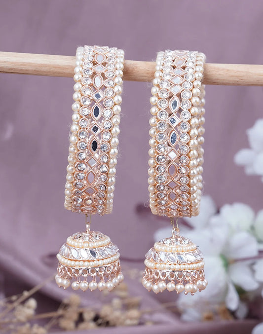 Rose Gold Pearl-Edged Kundan Bridal Bangles with Jhumka Drops