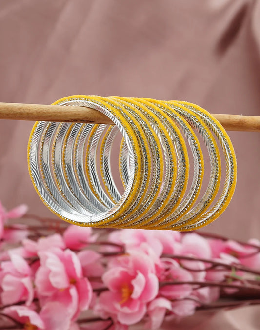 Silver-Lined Yellow Soft Velvet Bangles – Daily & Festive Wear