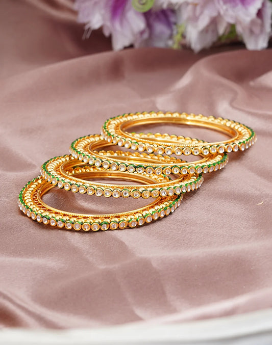 Golden Kundan Stone Bangles with Green Border – Elegant Bridal Set by BellaBangles