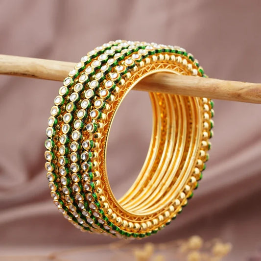 Golden Kundan Stone Bangles with Green Border – Elegant Bridal Set by BellaBangles