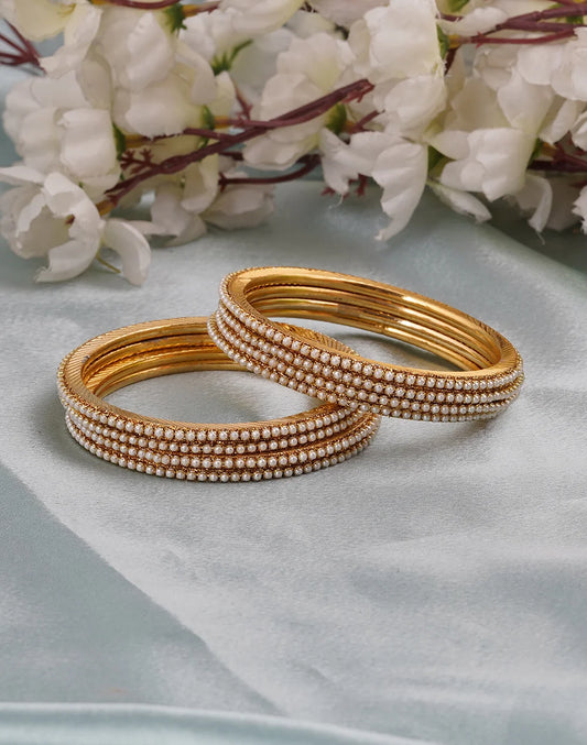 Golden Pearl Studded Bangles – Elegant Multi-Row Designer Set by BellaBangles