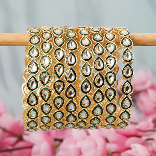 Golden Teardrop Kundan Bangles – Premium Paisley Stone Designer Set by BellaBangles
