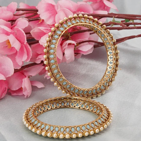 Golden Pearl Border Lattice Bangles – Elegant Open-Cut Designer Set by BellaBangles