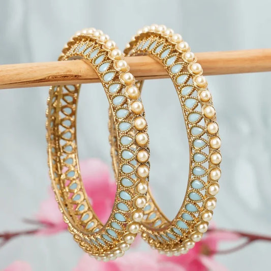 Golden Pearl Border Lattice Bangles – Elegant Open-Cut Designer Set by BellaBangles