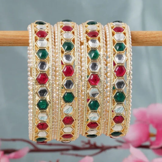 Golden Multicolor Kundan Stone Bangles – Premium Hexa & Round Designer Set
