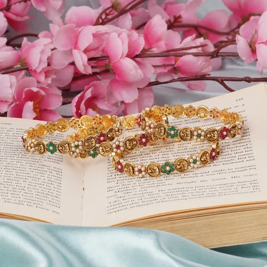 Golden Coin Floral Kundan Bangles – Multicolor Pearl Border Designer Set