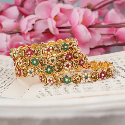 Golden Coin Floral Kundan Bangles – Multicolor Pearl Border Designer Set