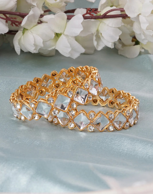 Set Of 2 Gold Plated Crystals Studded Bangles-bellabangles