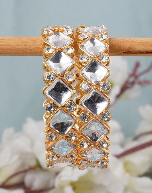 Set Of 2 Gold Plated Crystals Studded Bangles-bellabangles