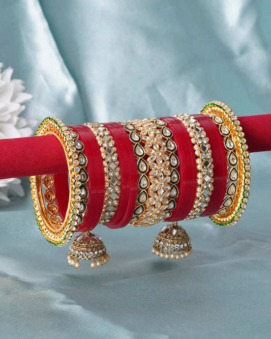 Red Bridal Kundan & Pearl Bangle Set with Jhumki