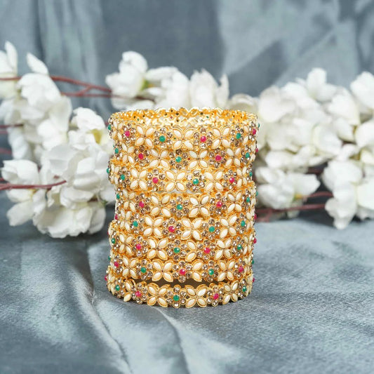 Ivory Floral Kundan Gold Plated Bridal Bangles with Multicoloured Stones