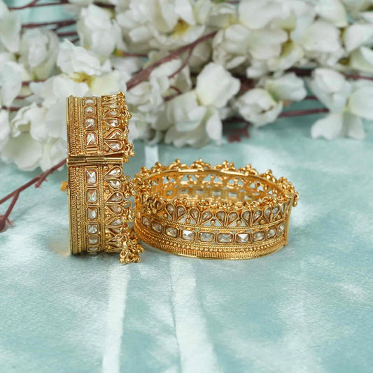 Gold Plated Kundan Bridal Kada Bangles with Hanging Ghungroo
