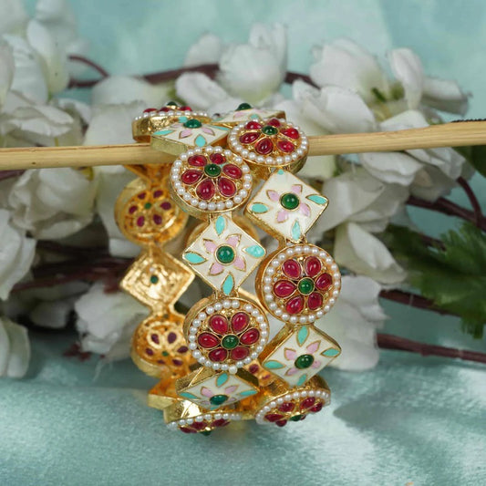 Ivory Enamel Pearl Kundan Gold Plated Bridal Bangles Set with Red & Green Stones