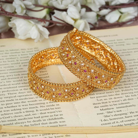 Gold-Plated Red & White Stone Floral Bangle Set for Women