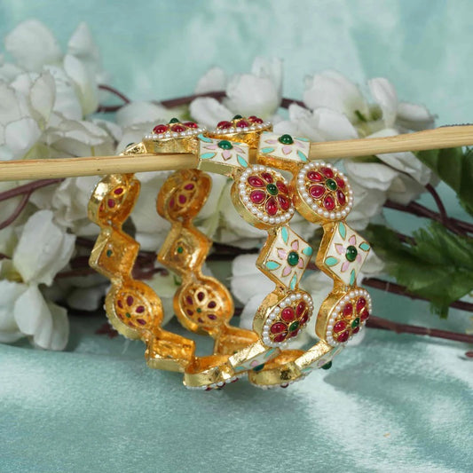 Ivory Enamel Pearl Kundan Gold Plated Bridal Bangles Set with Red & Green Stones