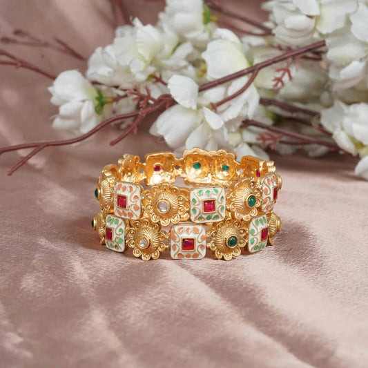 Gold-Plated Multicolour Kundan Floral Enamel Bangle Set