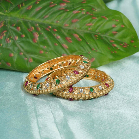 Gold Plated Kundan Red & Green Stone Bridal Bangles Set