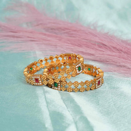 Gold-Plated Kundan Style Bridal Bangle Set with Pearl & Square Stones