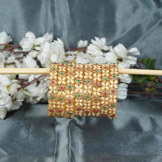 Ivory Floral Kundan Gold Plated Bridal Bangles with Multicoloured Stones
