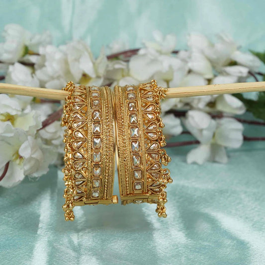 Gold Plated Kundan Bridal Kada Bangles with Hanging Ghungroo