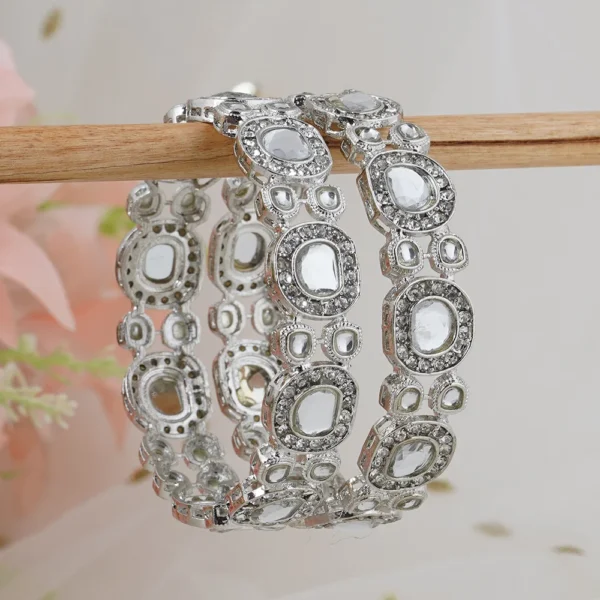 Set of 2 Silver-Plated Kundan Stone Bangles-bellabangles - Image 3