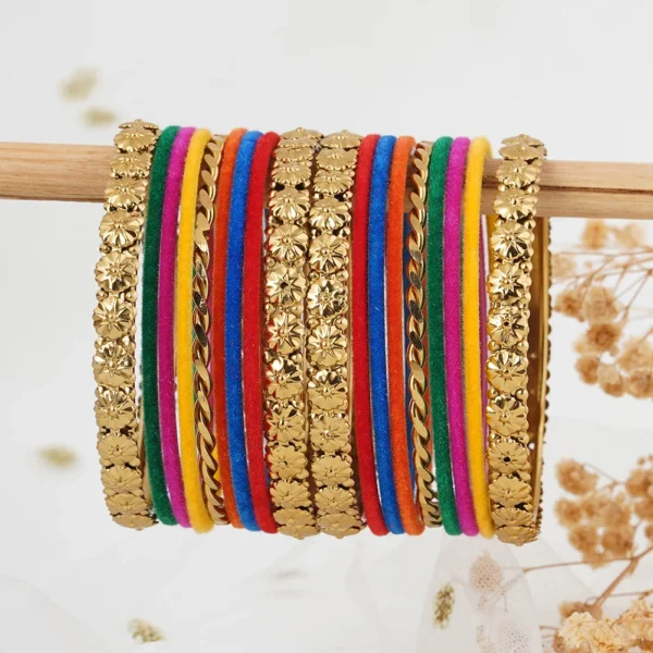 Pack Of 18 Metal And Multicolor Velvet Bangle Set - Image 3