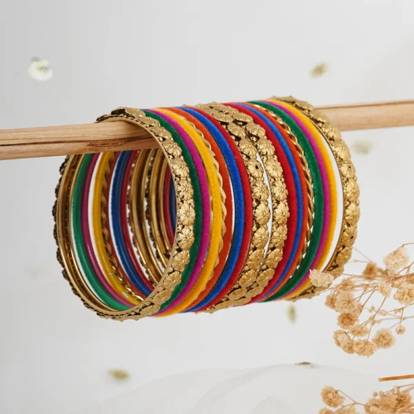 Pack Of 18 Metal And Multicolor Velvet Bangle Set - Image 2