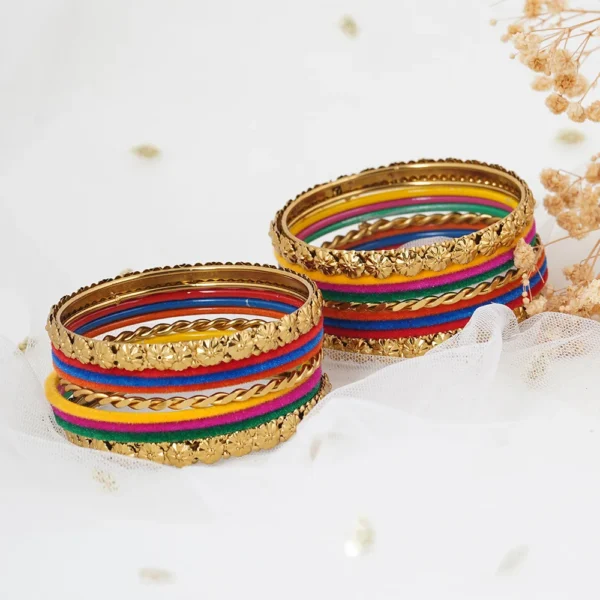 Metal and Multicolor Velvet Bangle Set - Bellabangles