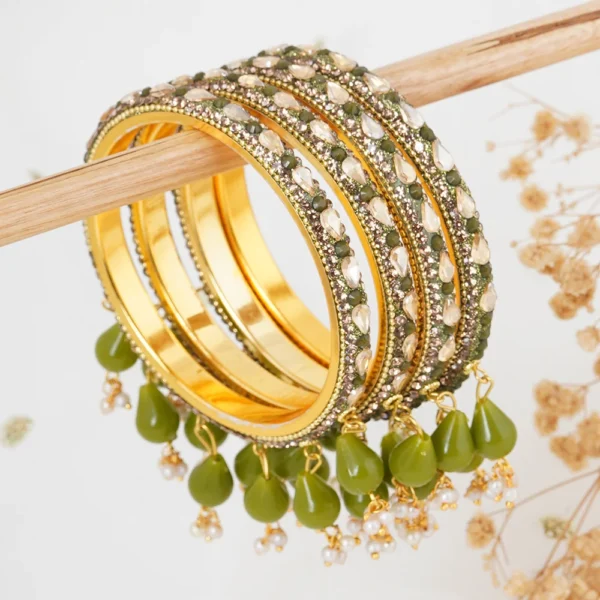 Gold Plated Green latkan Bangle 4 Pcs Set - Image 2