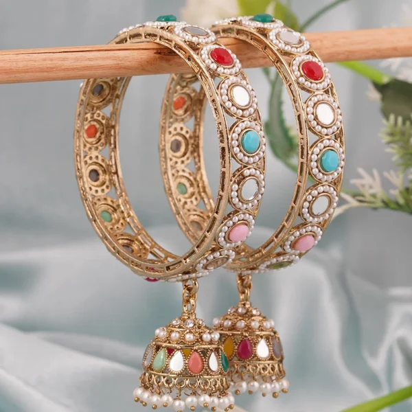 Pair Of Multi Colour Antique Gold Plated Jhumka Bangle Set - Image 2