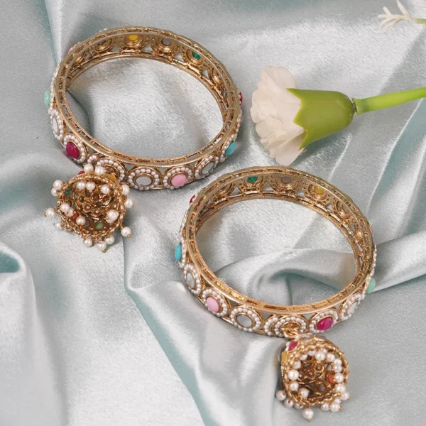Multi-Color Antique Gold Plated Jhumka Bangle Set
