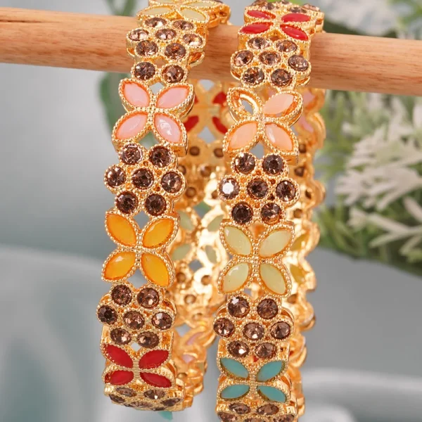 Gold Plated Flower Multicolored Beads LCT 2pc Bangles Set - Image 3