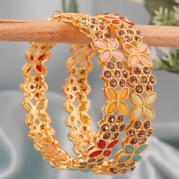 Gold Plated Flower Multicolored Beads LCT 2pc Bangles Set - Image 2