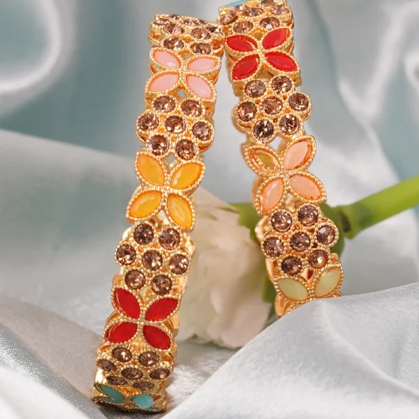 Gold Plated Flower Multicolored Beads LCT 2pc Bangles Set