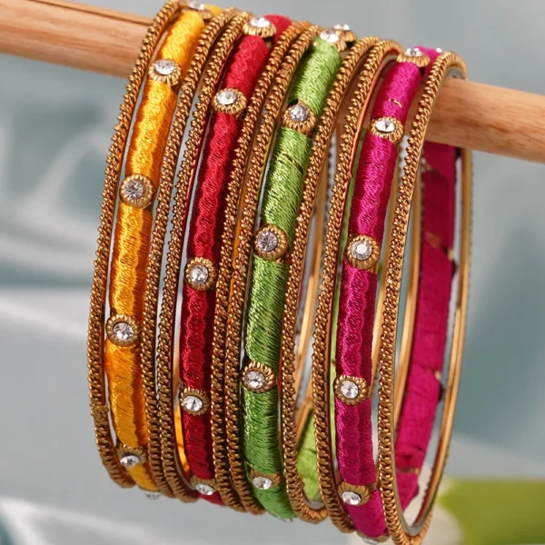 Set Of 12 Multicolour Stones Gold Plated Silk Thread Bangles - Image 3