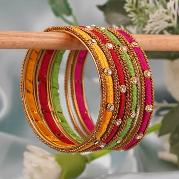 Set Of 12 Multicolour Stones Gold Plated Silk Thread Bangles - Image 2
