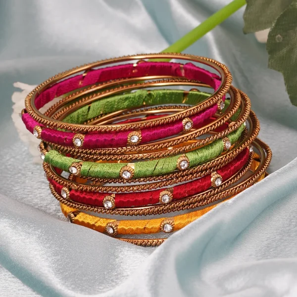 Multicolor Stones Gold-Plated Silk Thread Bangles