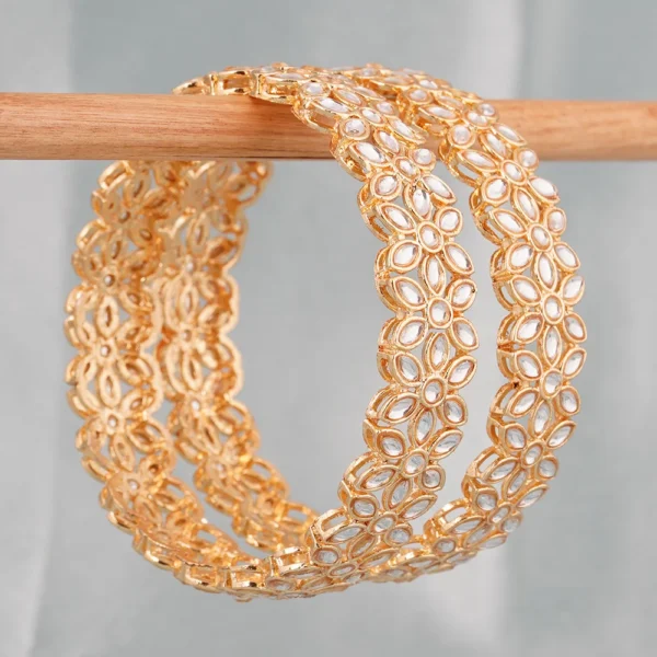 Gold Plated Floral Kundan 2pc Kada Bangle -Bellabangles - Image 2