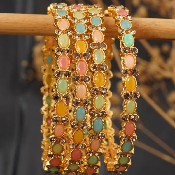 set of 4 Gold Plated Bangles with Vibrant Stones -Bellabangles - Image 3