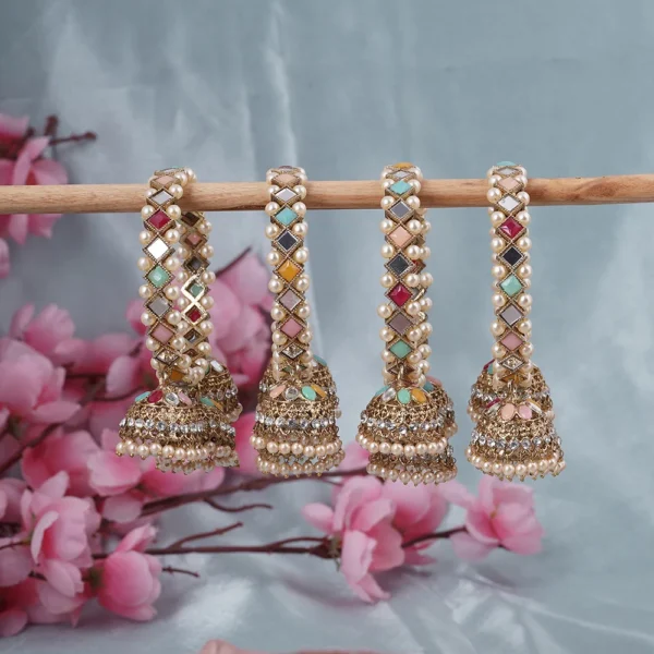 Antique golden Polki  Jhumki bangles in multi color set of 4-bellabangle - Image 2