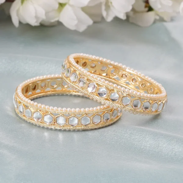 Gold Kundan Pearl Bangles Set of 2