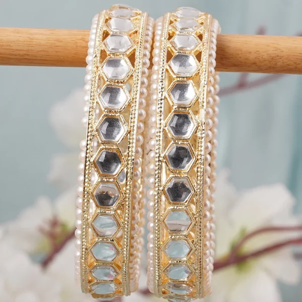 Gold Kundan Pearl Bangles Set of 2-bellabangles - Image 3