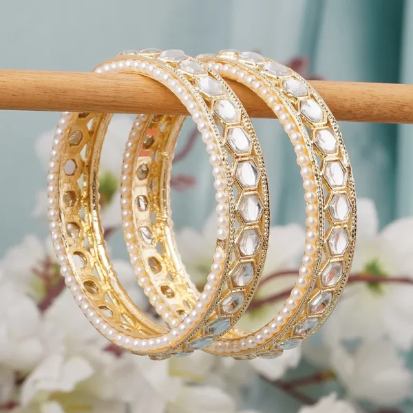 Gold Kundan Pearl Bangles Set of 2-bellabangles - Image 2